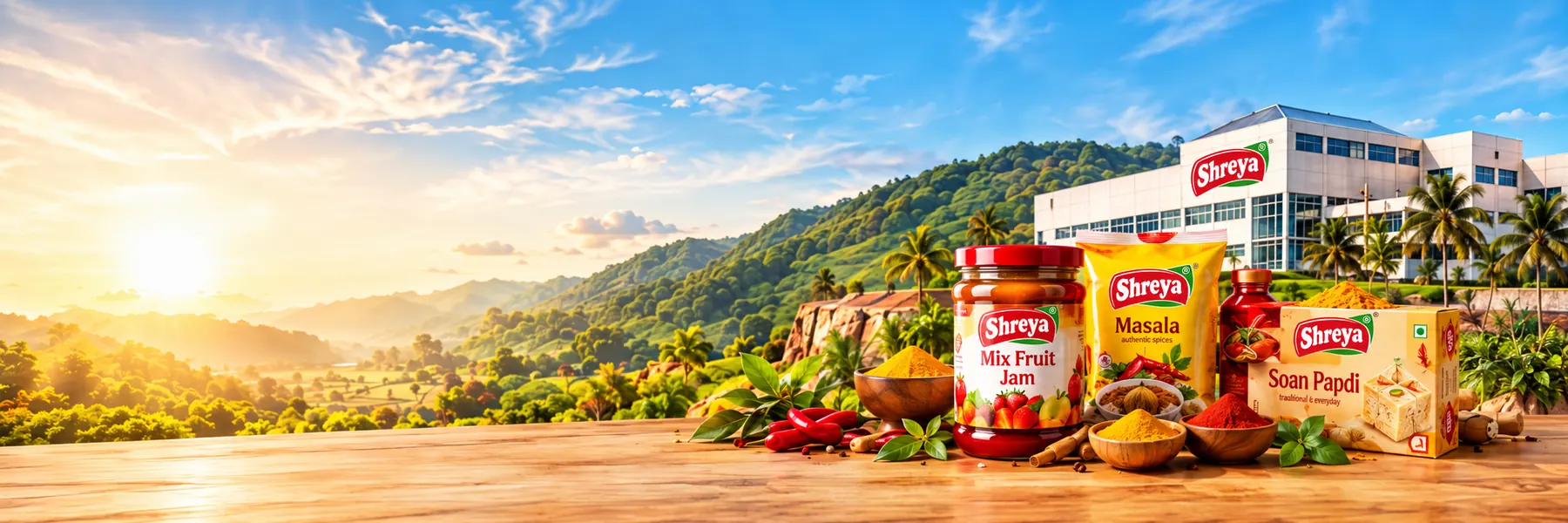Shreya Agro Foods products — jam, masala and soan papdi in front of the Shreya facility